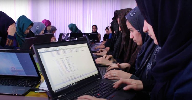 Girls studying online in Afghanistan
