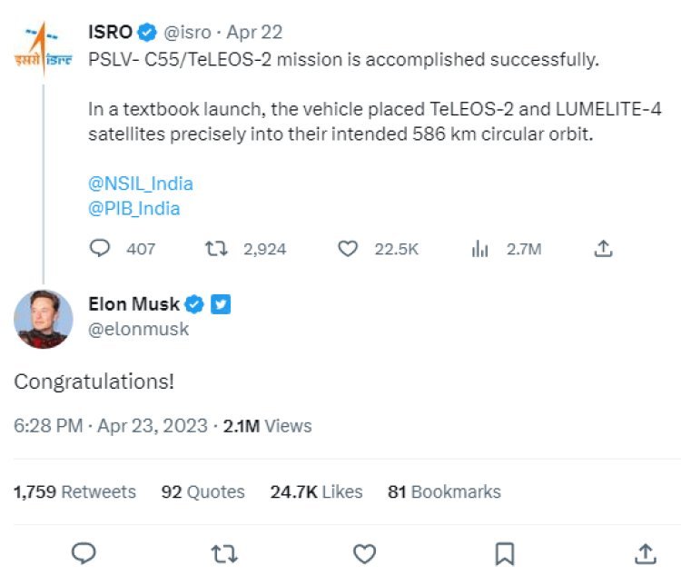 Musk congratulated on the successful launch of ISRO