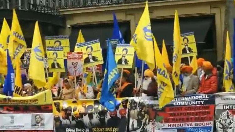Protest by Khalistani supporters outside the Indian High Commission in London, British security forces deployed