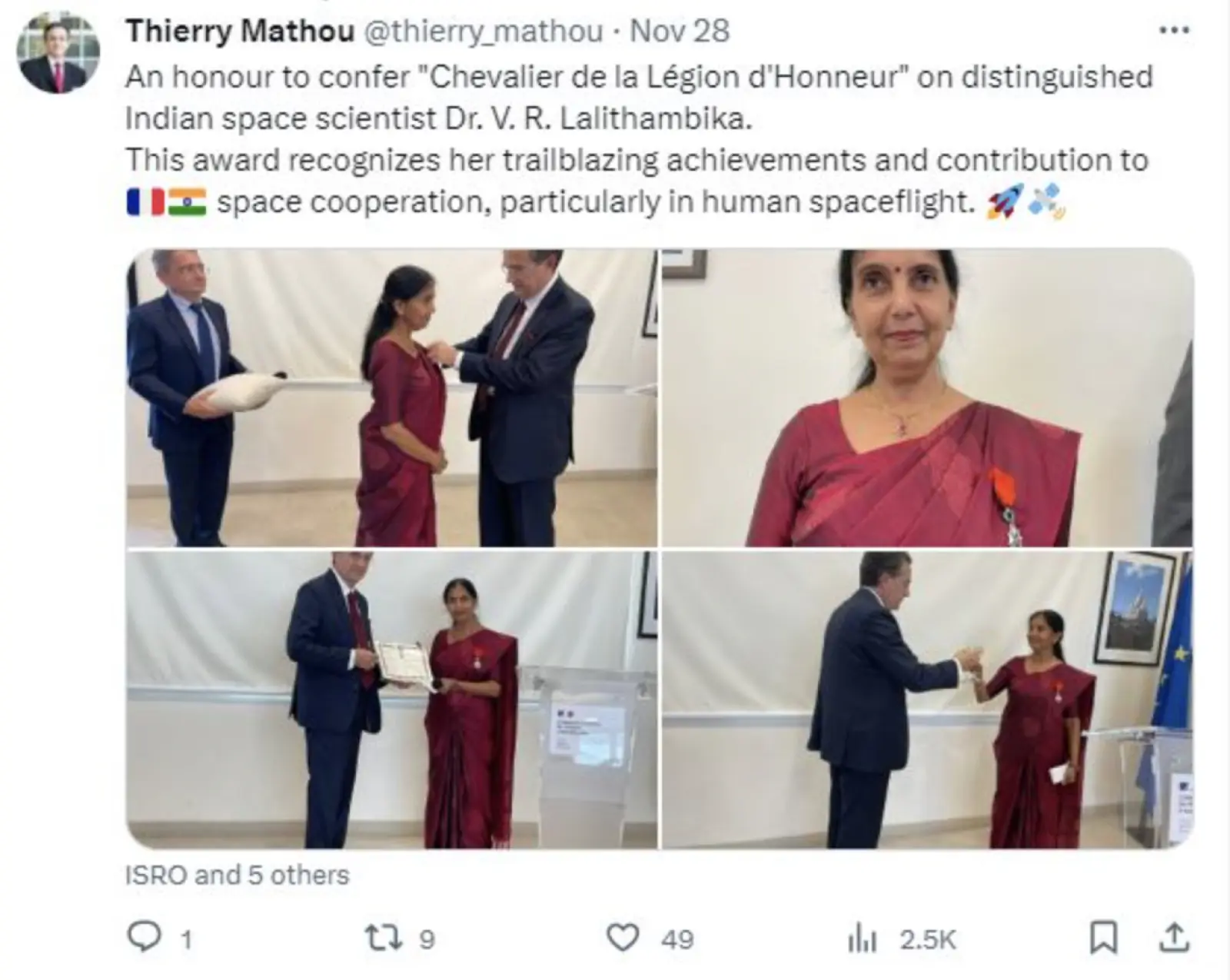 Legion of Honor: ISRO scientist Lalitambika gets France's highest civilian award