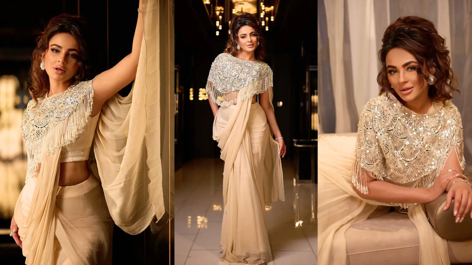 Seerat Kapoor Revives 80s Glamour with a Modern Twist: Ethnic Cape, Crop Top, and Draped Saree Ensemble Worth 1 Lakh